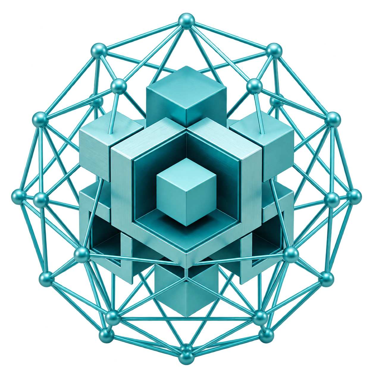 Turquoise geometric cubes surrounded by interconnected lines and nodes